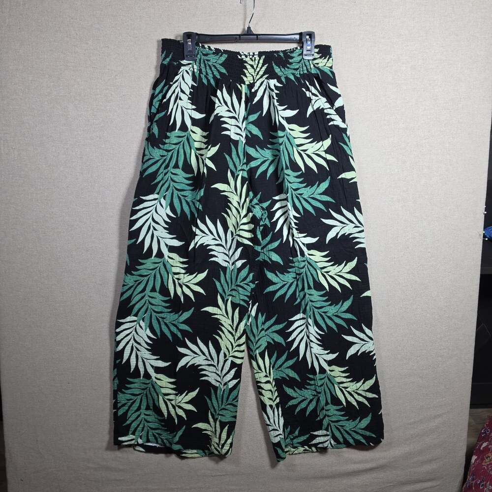 Joyspun gauzy cotton black green leaf print lounge Pants Womens XL 16/18 Pull On